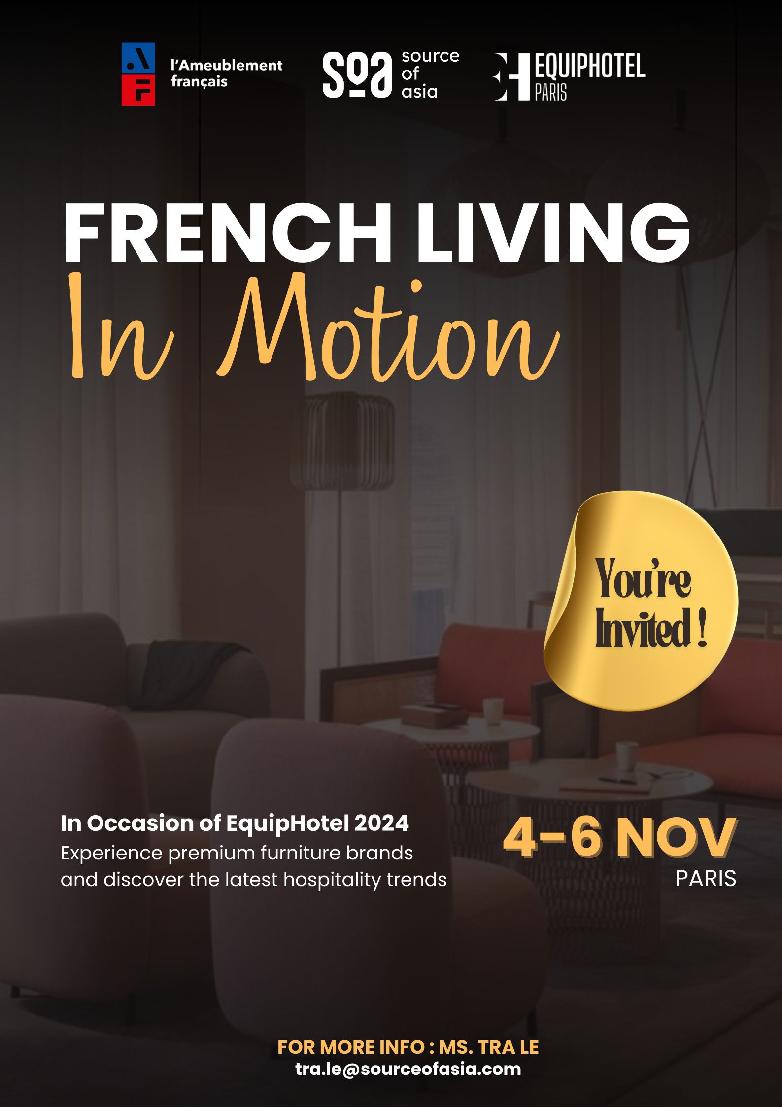 L’Ameublement Français – French Living in Motion. In Occasion of EquipHotel 2024, we invite you to experience premium furniture brands and discover the latest hospitality trends. L’Ameublement Français - French Living in Motion. In Occasion of EquipHotel 2024, we invite you to experience premium furniture brands and discover the latest hospitality trends.