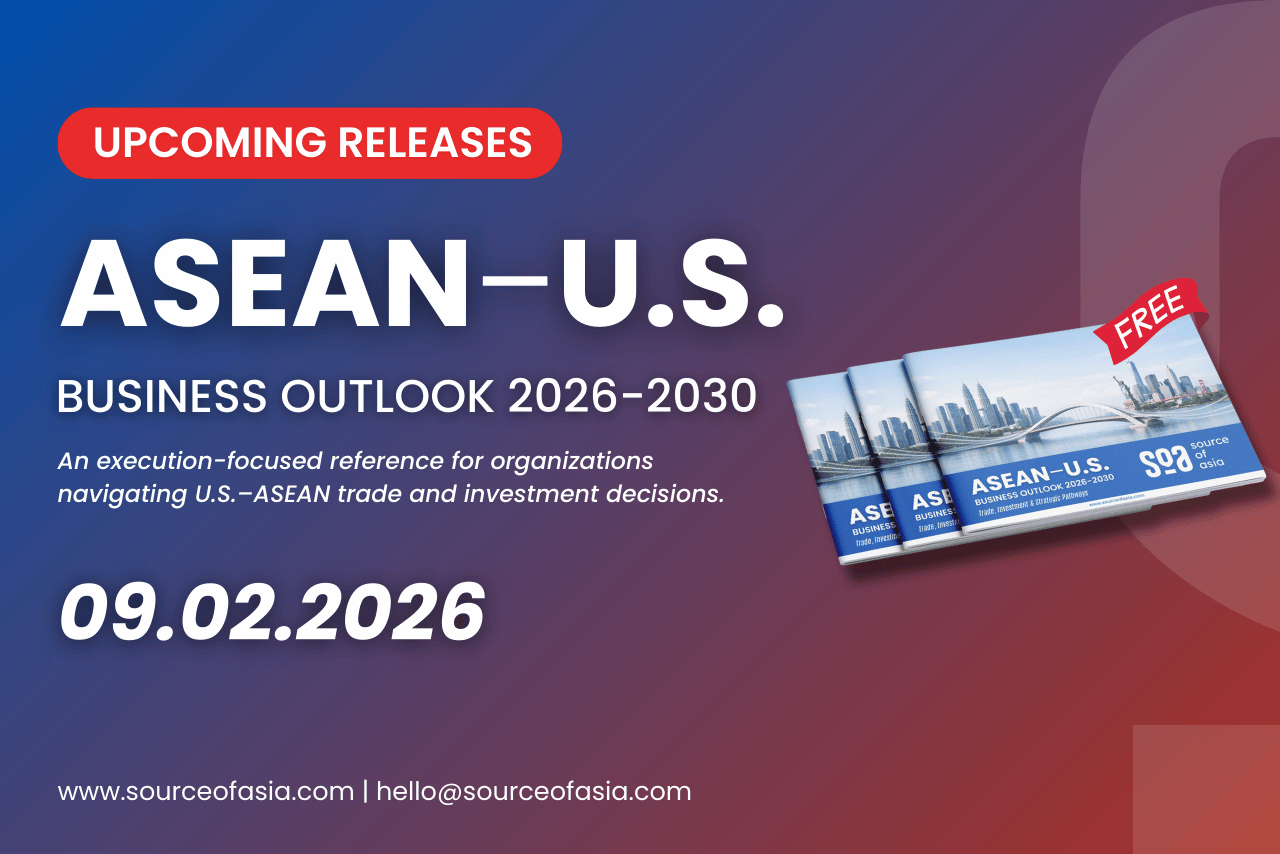 ASEAN–U.S. Business Outlook 2026–2030 booklet cover announcing upcoming release on 9 February 2026, highlighting execution-focused insights on U.S.–ASEAN trade and investment.