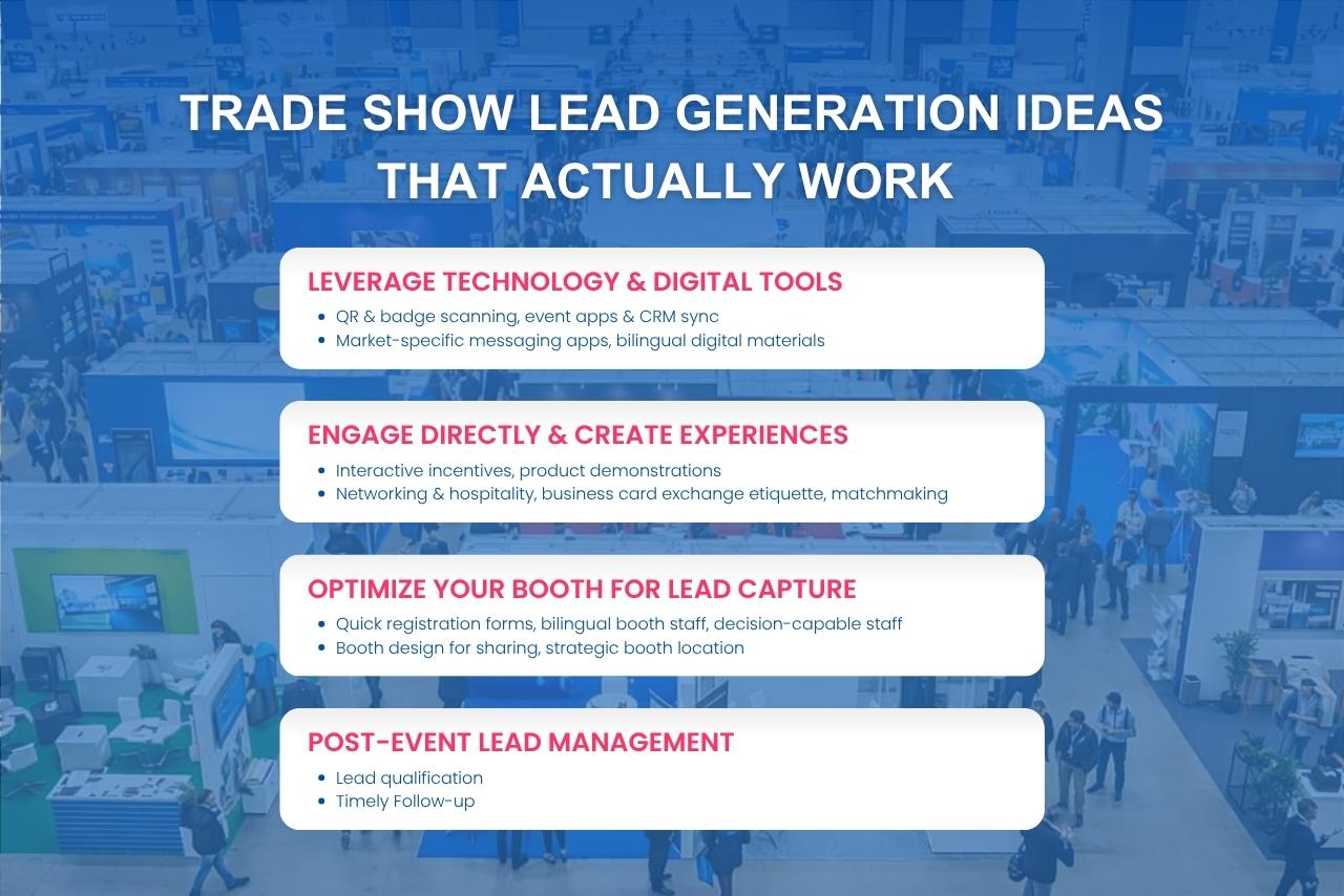 Smart technology, interactive engagement, and structured follow-up maximize lead capture and conversion at trade shows.