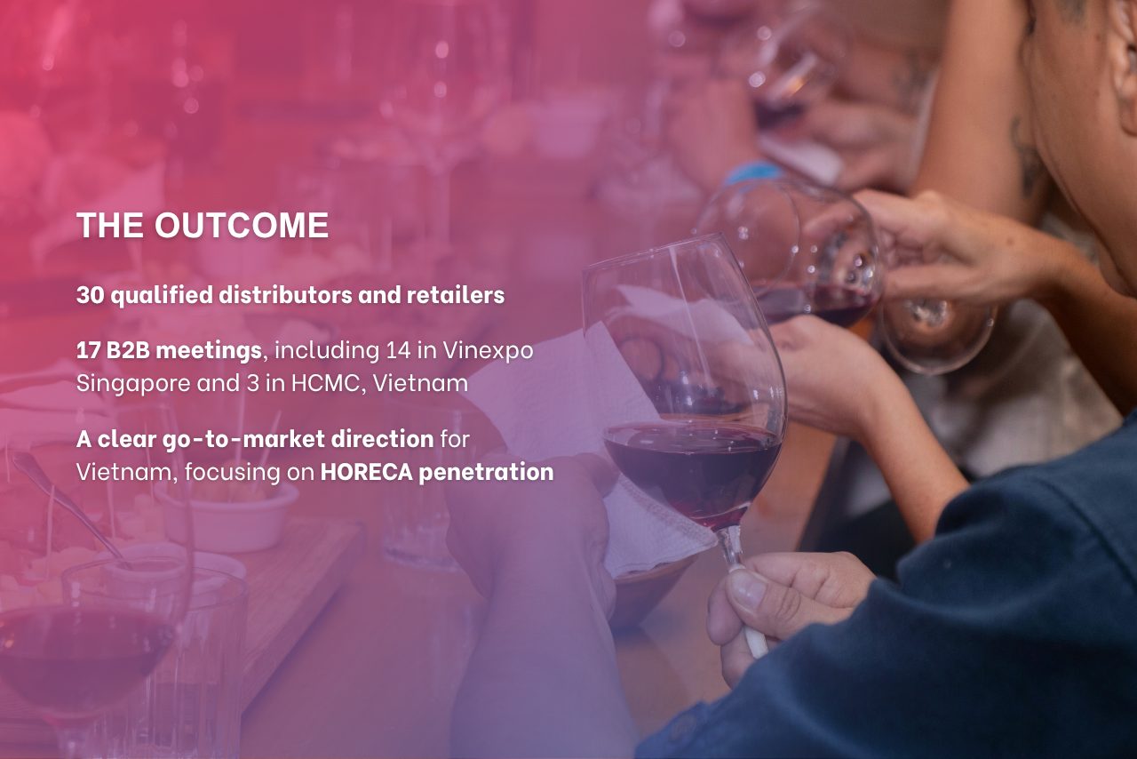 Business wine tasting event highlighting the project outcomes, including qualified distributor meetings, Vinexpo networking sessions, and HORECA-focused market penetration strategy for Vietnam.