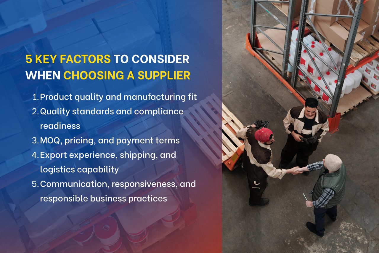 Warehouse meeting showing five key factors for choosing a supplier in Malaysia.