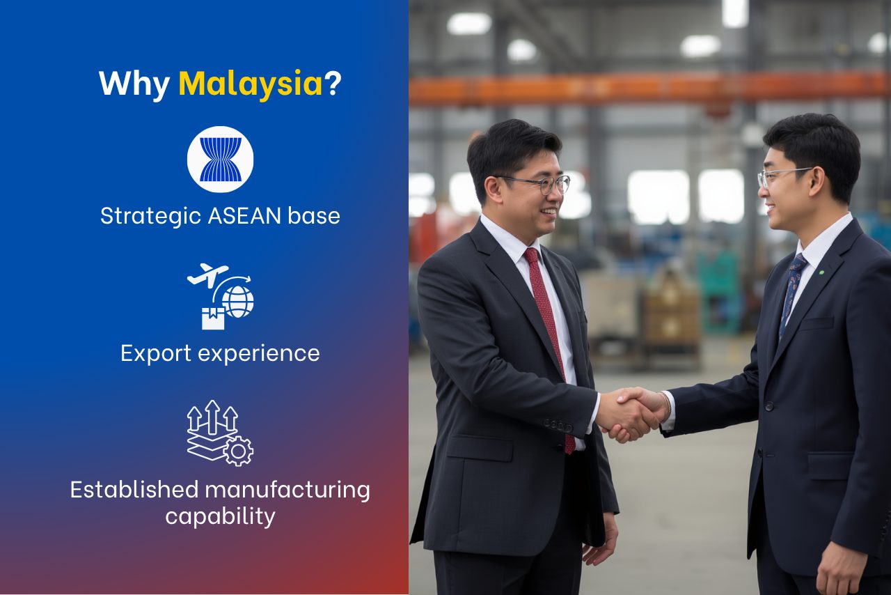 Business handshake in a factory highlighting Malaysia as a strategic ASEAN sourcing base.