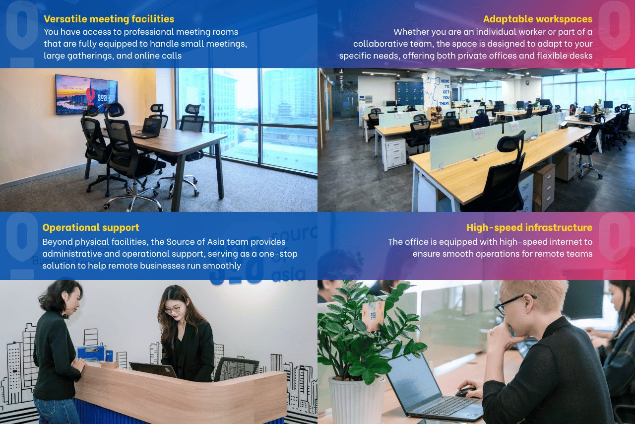 SOA Incubator Space, coworking office space, facilities showing meeting rooms, flexible desks, operational support, and high-speed infrastructure for remote teams in Vietnam.