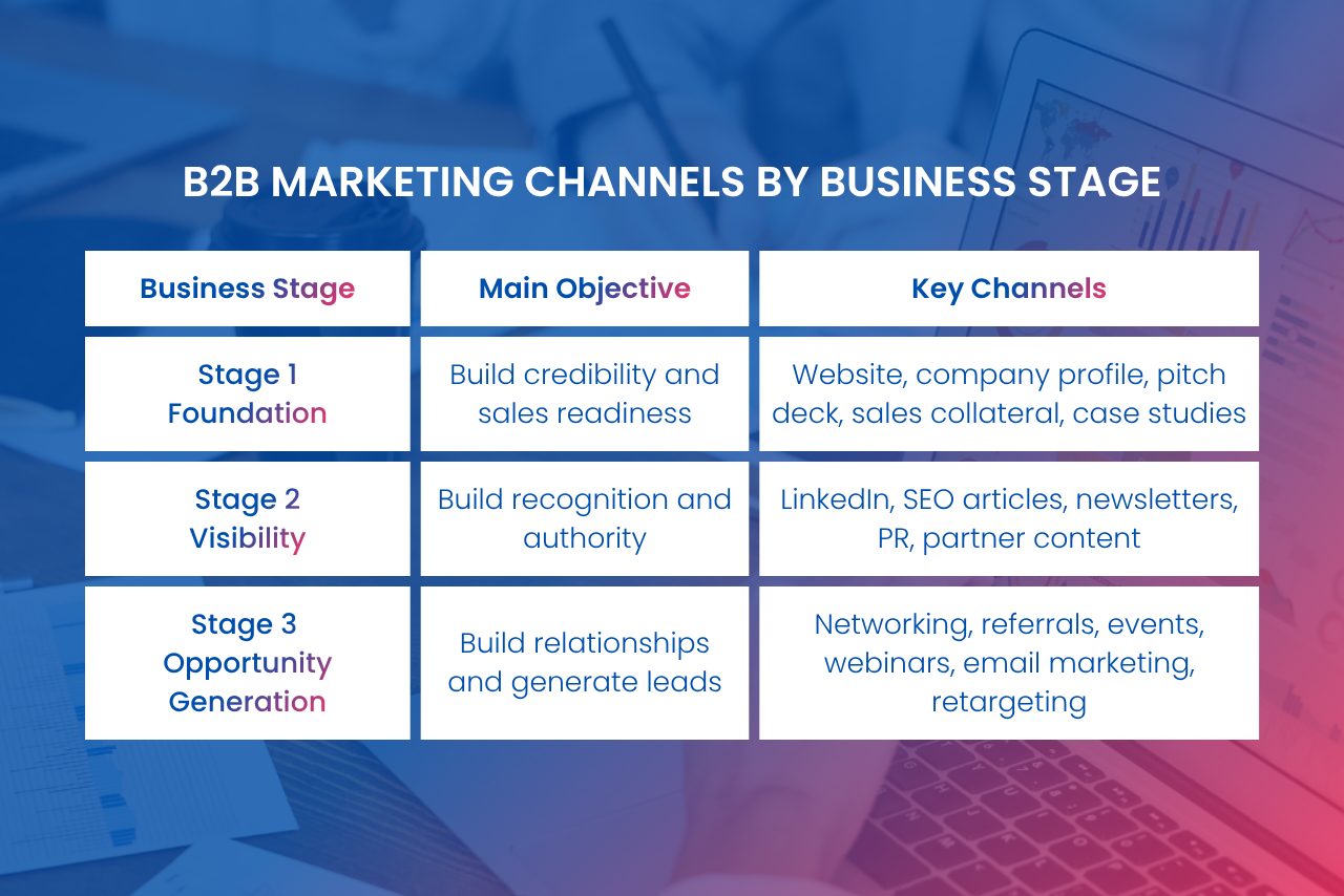 B2B marketing channels mapped by business stage and marketing objectives