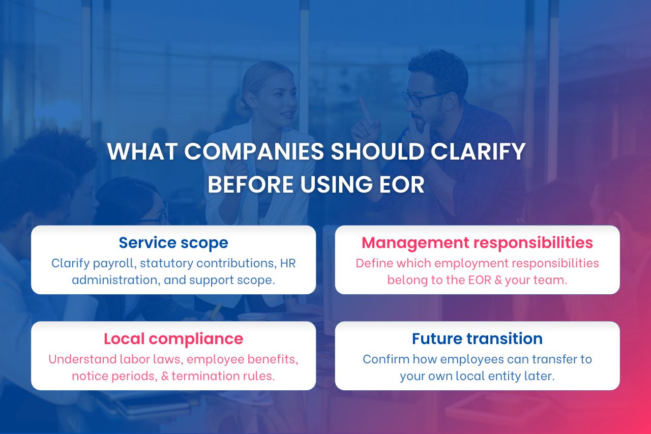 Businesses should define EOR responsibilities, compliance scope, included services, and future employee transition options before signing an agreement.
