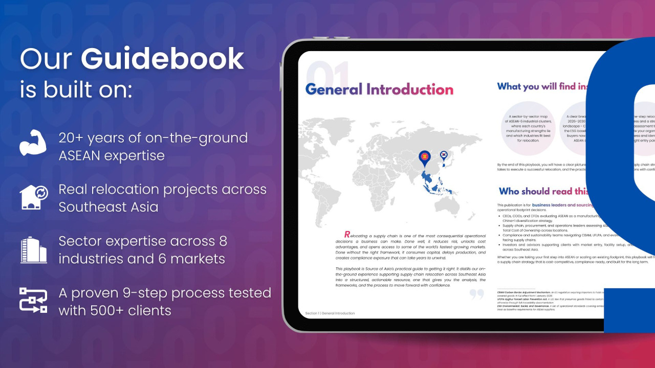 Supply chain relocation guidebook built on 20+ years of ASEAN expertise, real relocation projects, sector knowledge, and a 9-step process.