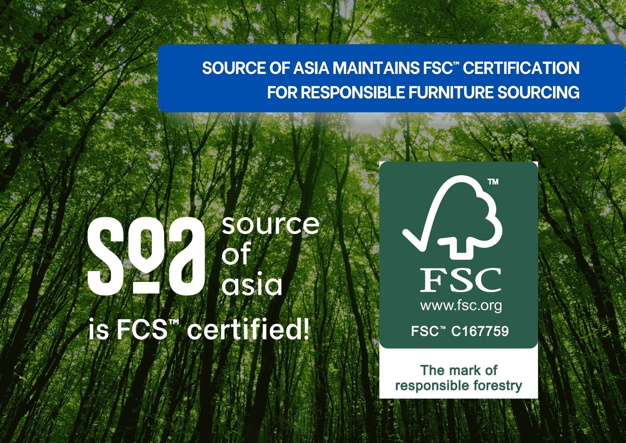 Fsc Certification Responsible Furniture Sourcing Source of Asia announces its FSC certification for responsible furniture sourcing with FSC label and forest background.