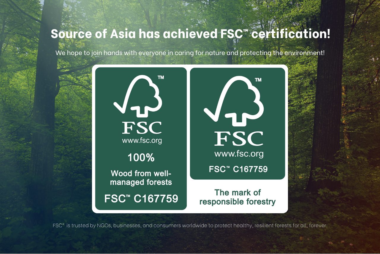 Source of Asia FSC certification announcement with FSC labels and forest background.