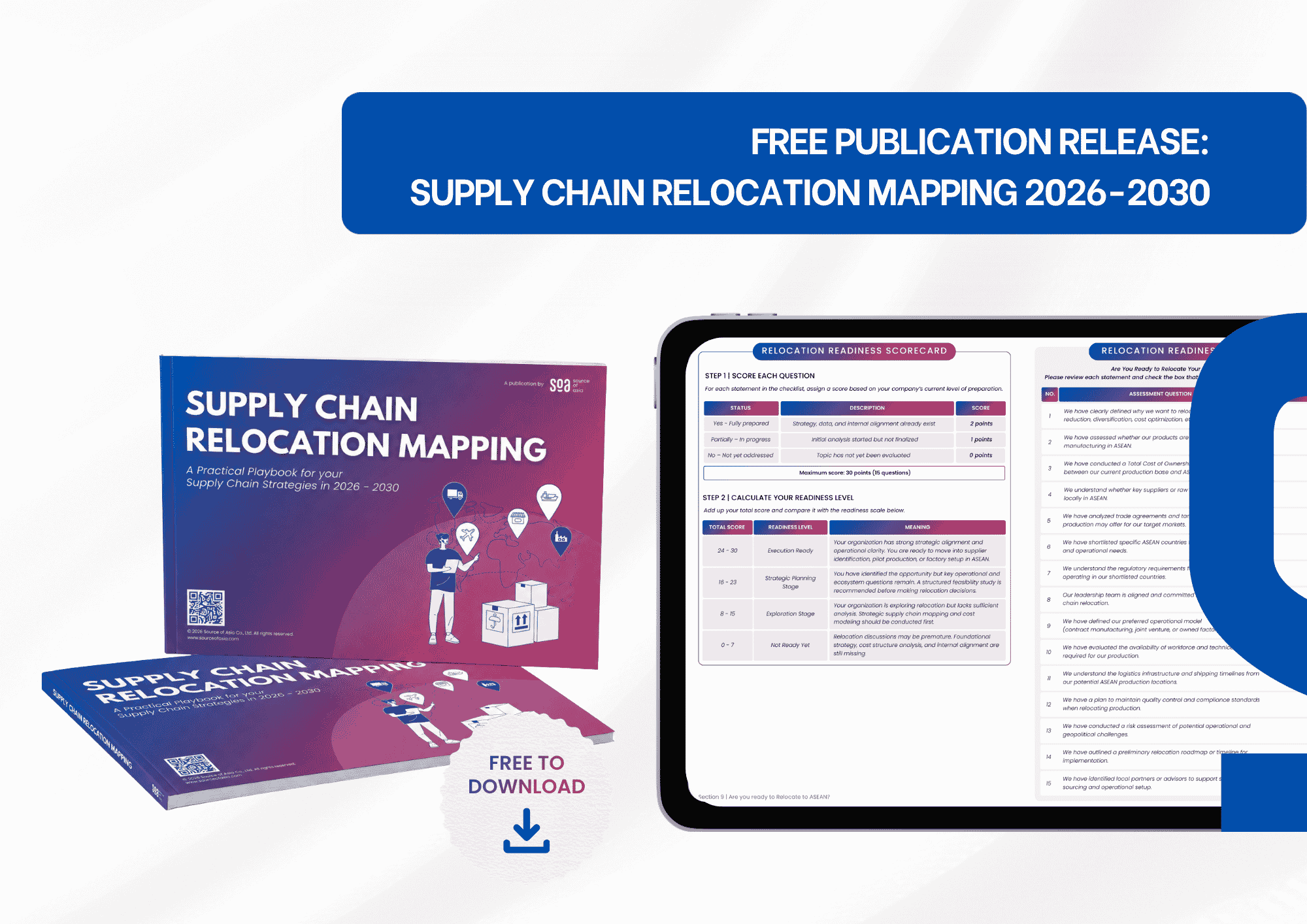 Supply Chain Relocation Mapping 2026 2030 Free publication release for Supply Chain Relocation Mapping 2026-2030 with guidebook cover and relocation readiness scorecard.