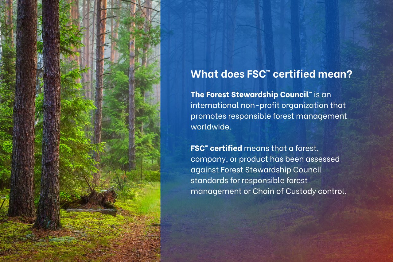 Explanation of FSC certified meaning with forest background and responsible forest management message.