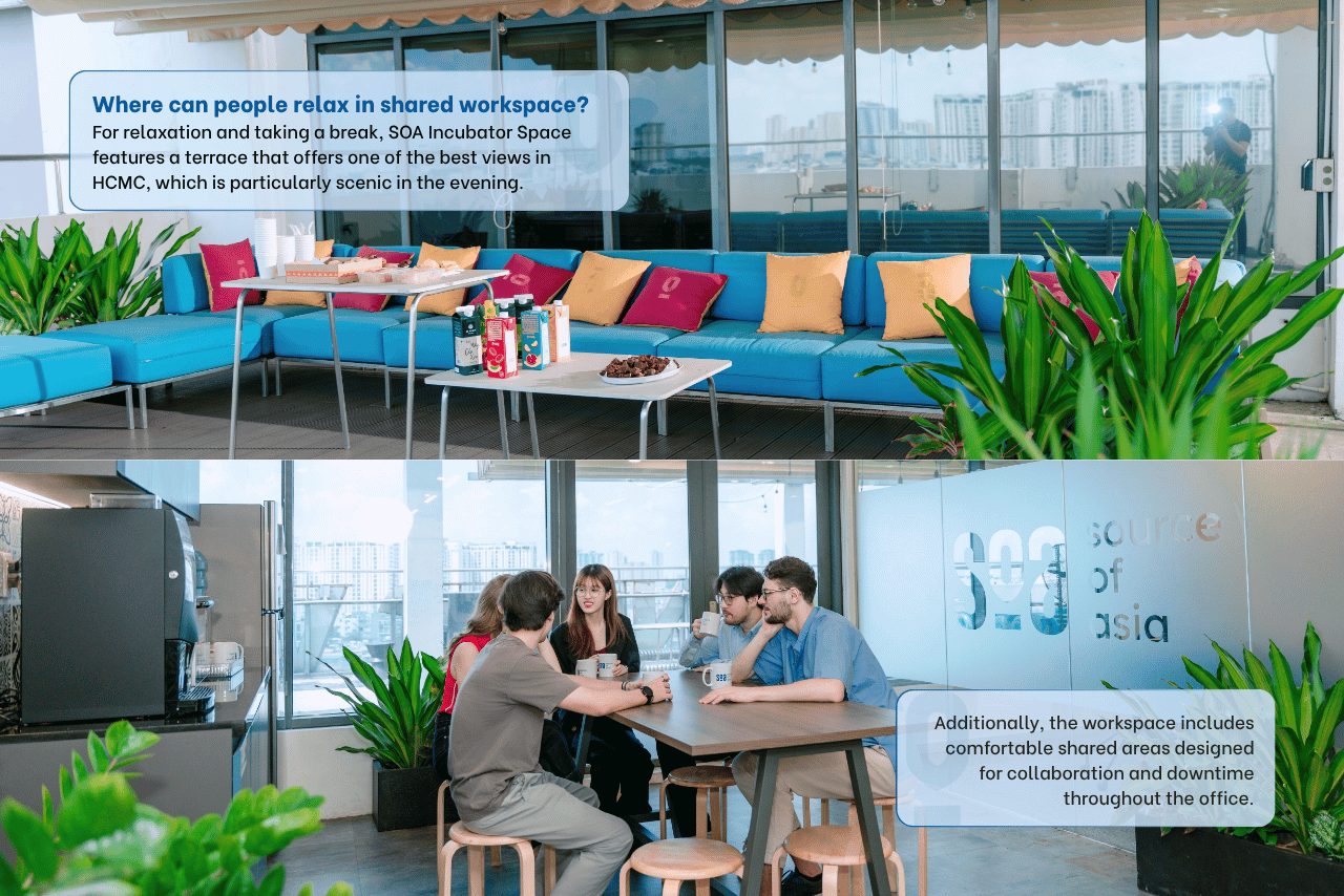 Coworking office space relaxation areas at SOA Incubator Space with terrace seating, city views, and collaborative areas in Ho Chi Minh City, Vietnam.