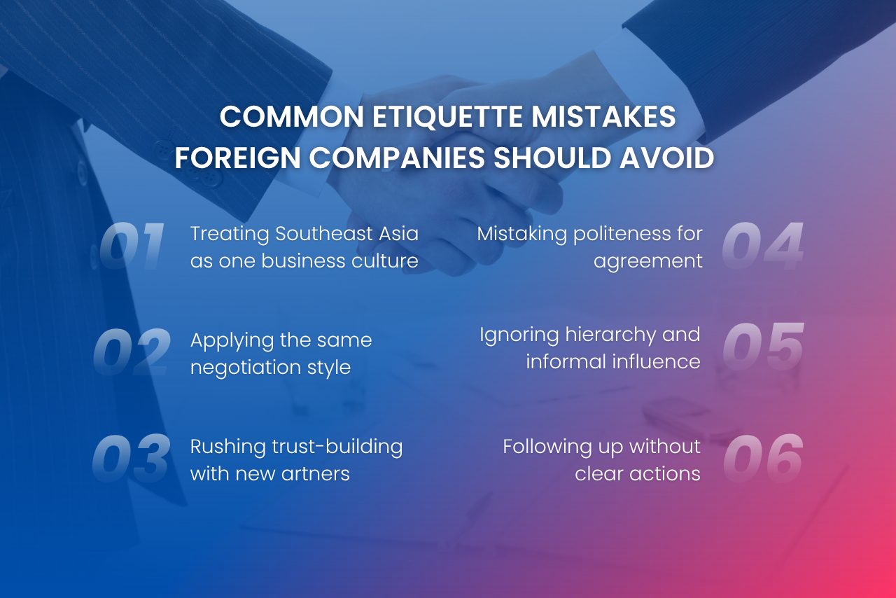 Foreign companies should avoid common etiquette mistakes involving cultural differences, negotiation styles, trust-building, hierarchy, and follow-up.