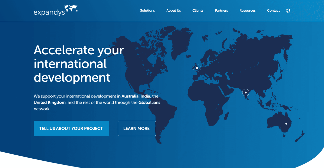 Expandys homepage highlighting international business development support across Australia, India, the UK, and global markets.