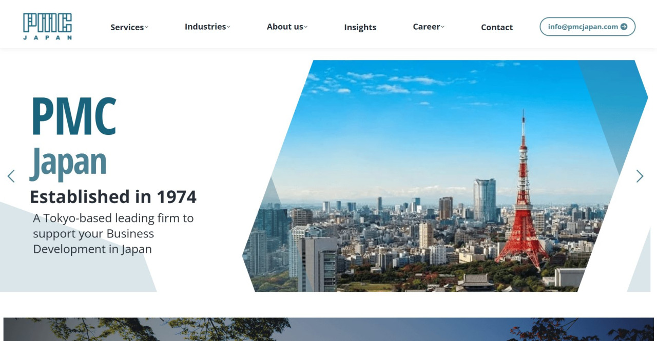 PMC Japan homepage presenting Tokyo-based business development and market entry support for foreign companies in Japan.