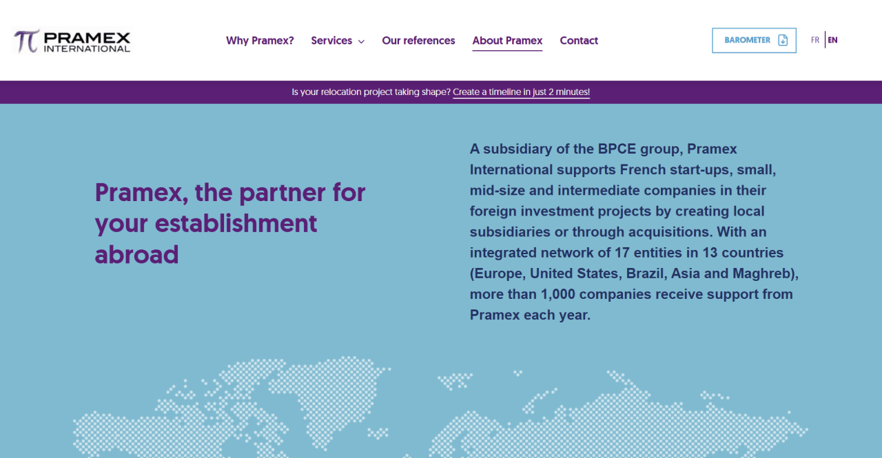 Pramex International homepage highlighting subsidiary creation and international establishment support across multiple countries.