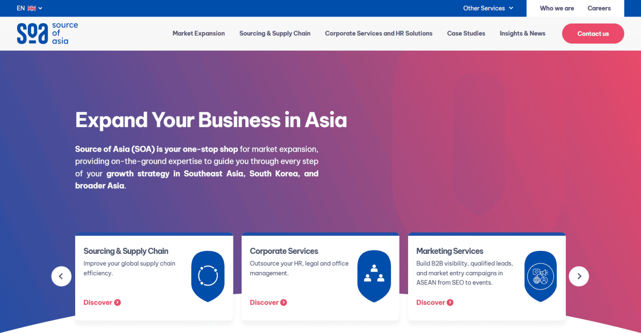 Source of Asia homepage promoting market expansion, sourcing, corporate services, and business support across Asia.