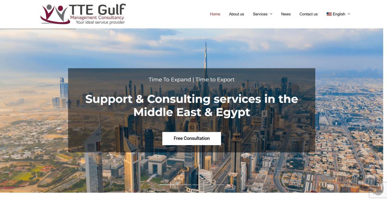 TTE Gulf homepage presenting consulting and business expansion support in the Middle East and Egypt.