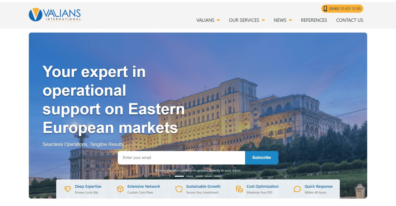 Valians International homepage promoting operational and business development support across Eastern European markets.