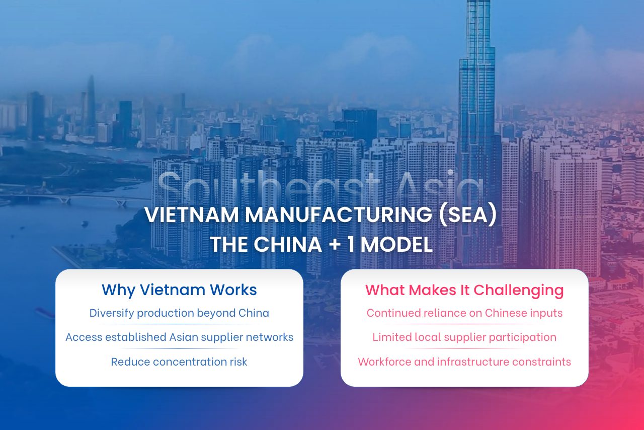 Vietnam: China + 1 manufacturing model supported by proximity to China and growing Asian supply networks.