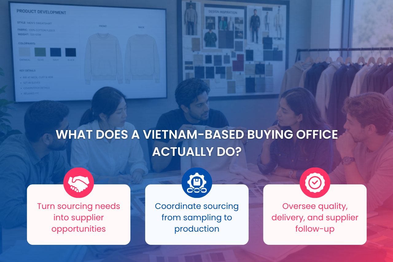 A buying office team coordinates supplier selection, sampling, production, and quality follow-up throughout the sourcing process.