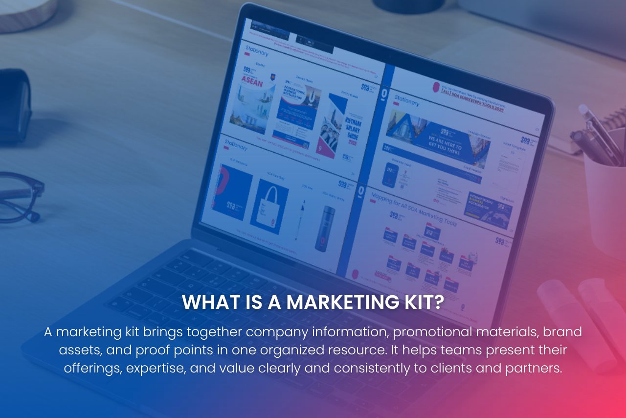 Marketing materials organized for business communication