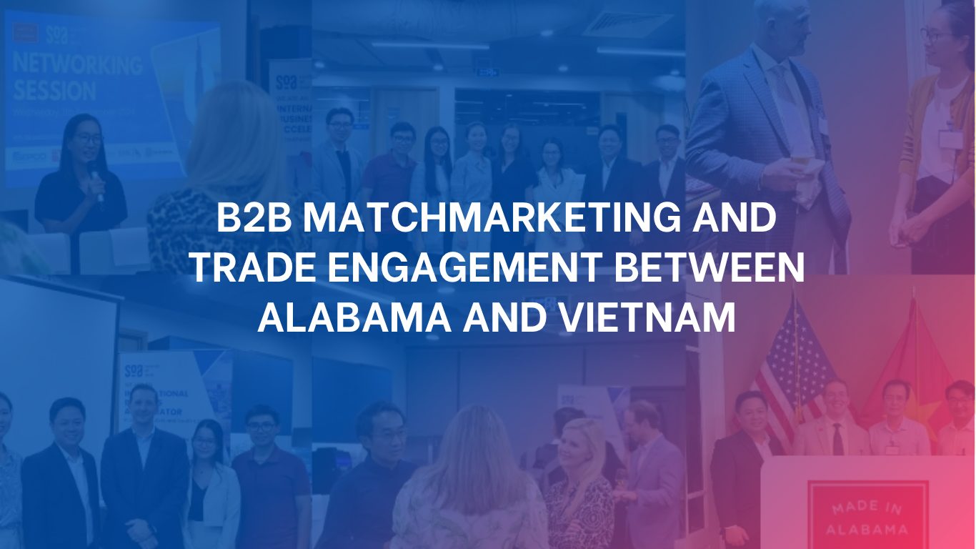 Photo collage of B2B matchmaking meetings and networking events between Alabama and Vietnamese business representatives during a trade mission in Vietnam.