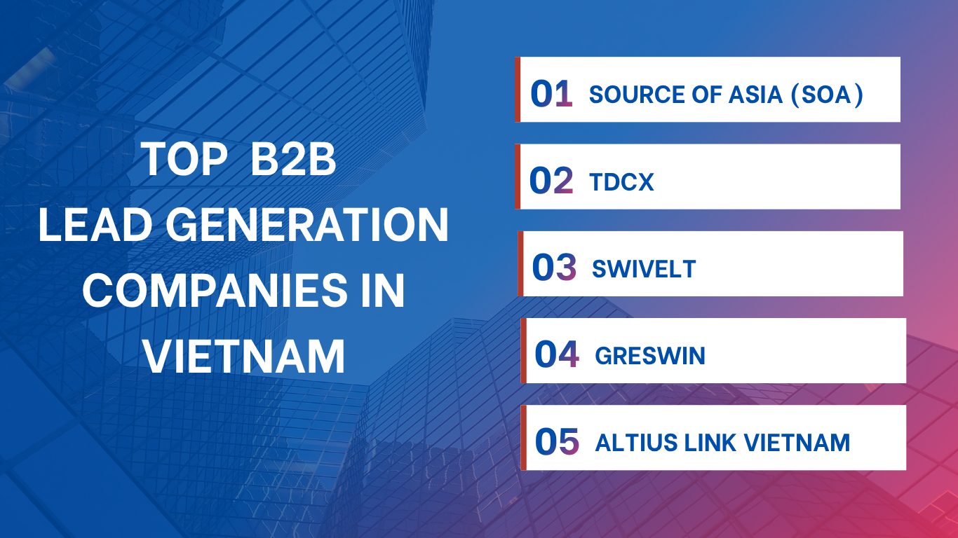 Infographic showing the top five B2B lead generation companies in Vietnam: Source of Asia (SOA), TDCX, Swivelt, Greswin, and Altius Link Vietnam.